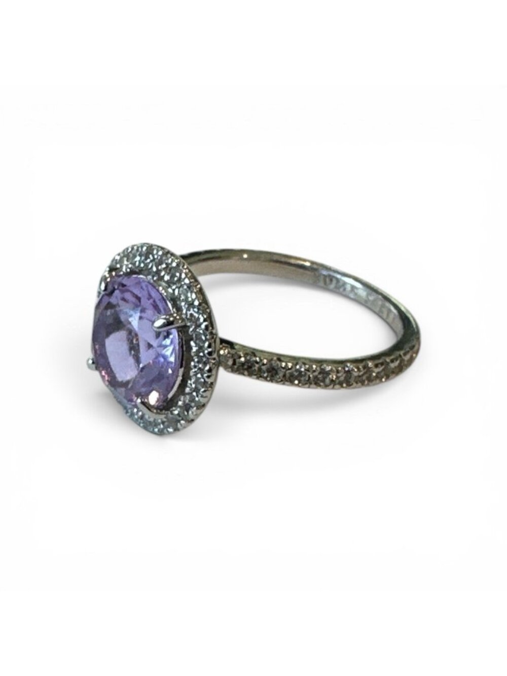 RARE Bomb Party Ring Sz 7 Violet CZ Halo Solitaire Rhodium Rhinestones down side - Picture 2 of 4
